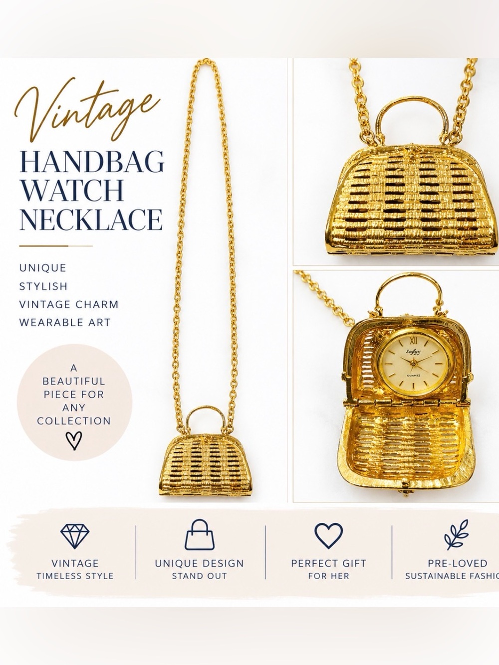 Gold Vintage Handbag Watch Necklace Mini Bag